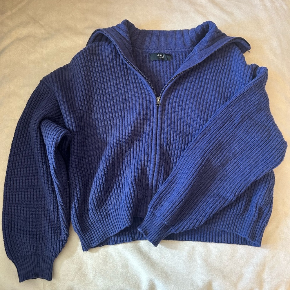 Able Ribbed Zip Fold Collar Sweater - Deep Blue